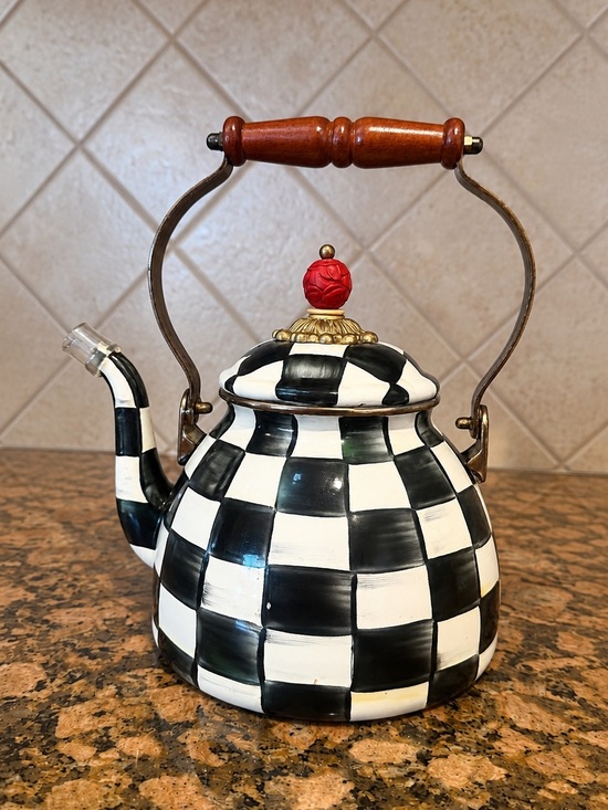MacKenzie-Childs Other - Mackenzie Childs Black & White Check Ceramic Teapot with Red Finial
